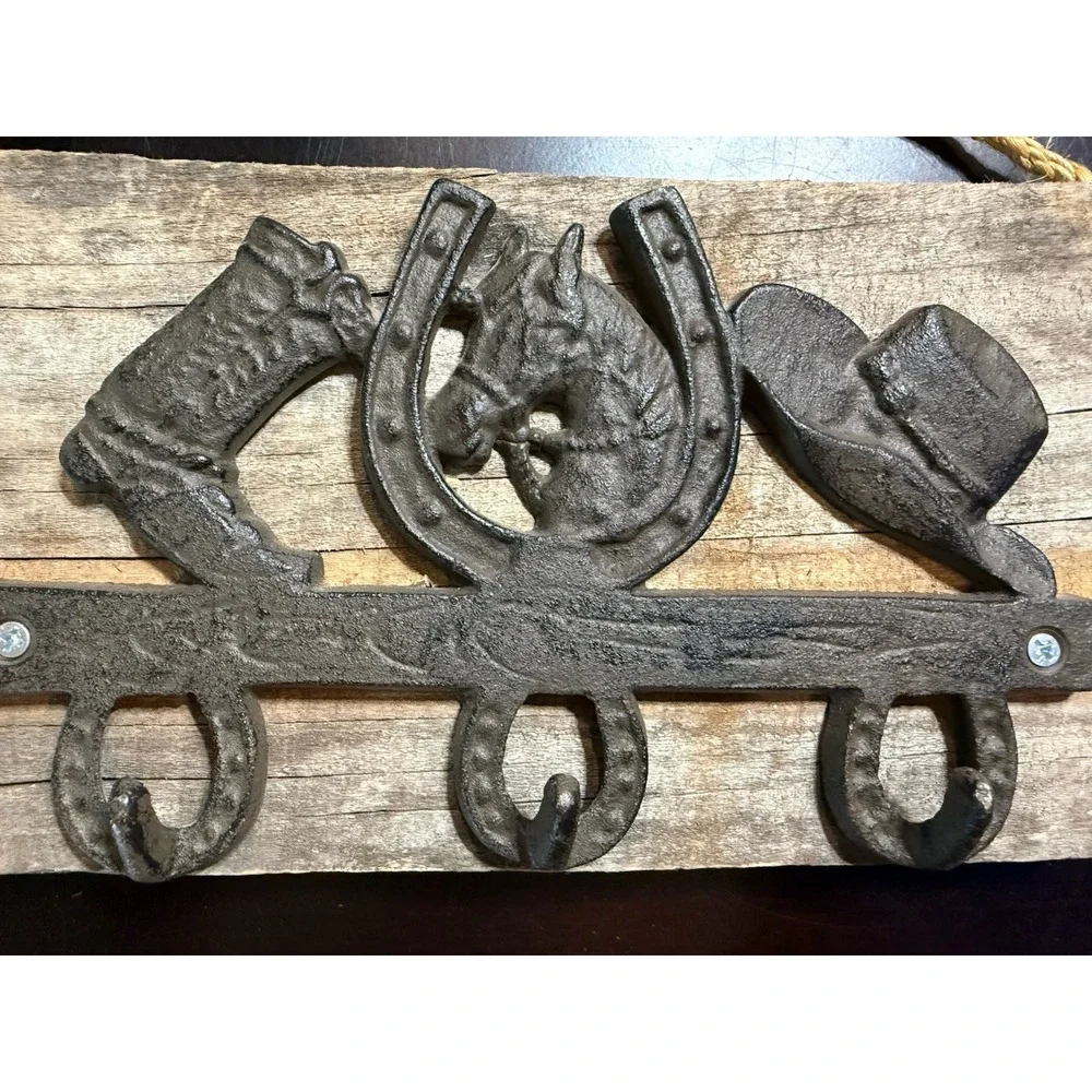 Cast Iron Horseshoe Cowboy Boot Hat Key Rack Reclaimed Wood Wall Hook Rustic